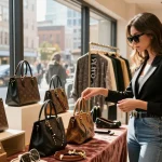 Stylish woman exploring high-quality 레플리카 handbags in upscale boutique.