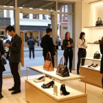 Stylish individuals exploring 명품 레플리카 in a luxurious boutique, showcasing high-end fashion items.
