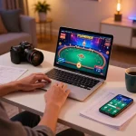 Player engaging in poker on 58win with vibrant interface and cozy gaming setup.