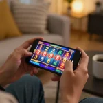 Player spinning slot game reels on a smartphone in a cozy home setting, showcasing mobile gambling excitement.