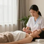 Healing acupuncture session at 영통한의원 with a relaxing atmosphere and natural light.