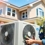 Installing trane heat pumps with a technician in a modern home setting.