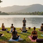 Students engage in yoga teacher training Sri Lanka by the lakeside, led by experienced instructor.