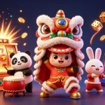 Engage with keonhacai5tv through an exciting lion dance scene, slot machines, and festive decorations.