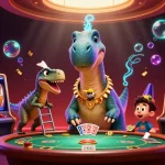 Spin the reels at slot 5k with an enchanting brontosaurus and raptor dealer in a vibrant casino scene.