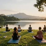 Yoga teacher training sri lanka session at sunrise beside Koggala Lake, peaceful practitioners meditating.