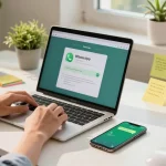 Engaging home office scene using WhatsApp網頁版 on a laptop with a cozy atmosphere.