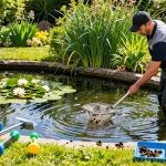 Pond Cleaning Essex expert removing debris from a clear pond in a lush garden setting.