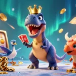 Join the sun-themed casino adventure as a T-Rex shuffles cards while a pterodactyl assists, showcasing dynamic gaming elements.