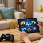 Pengguna cipung138 menikmati permainan interaktif di tablet dengan suasana ruang tamu yang hangat dan nyaman.
