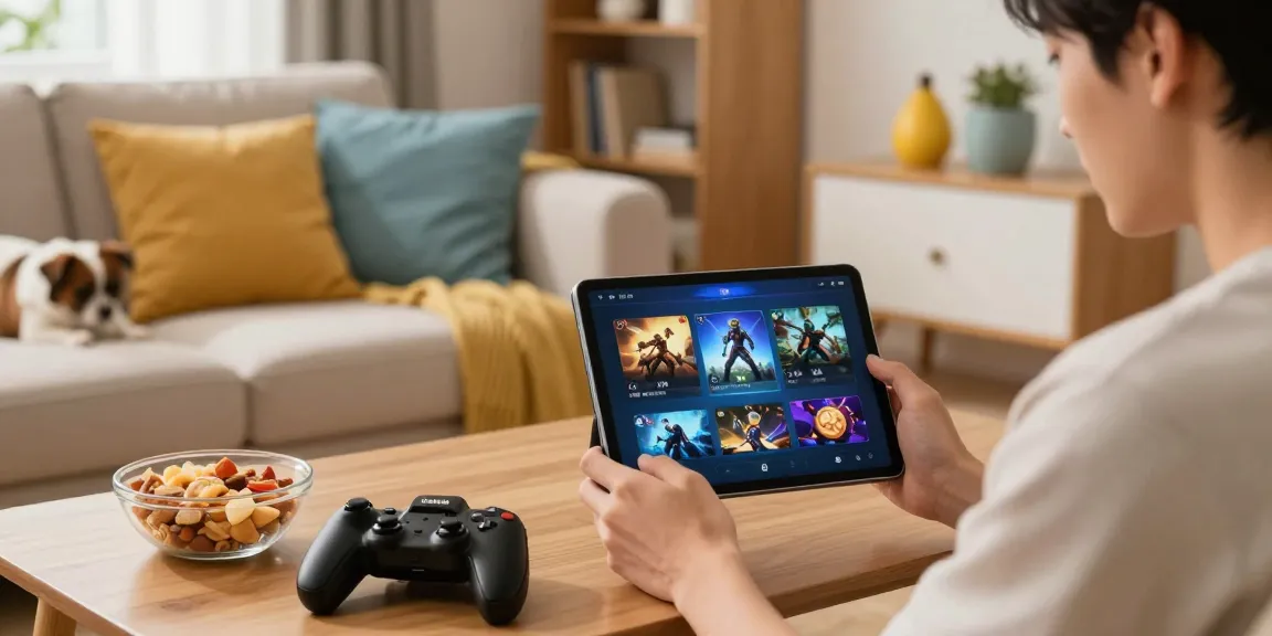 Pengguna cipung138 menikmati permainan interaktif di tablet dengan suasana ruang tamu yang hangat dan nyaman.