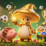 Discover situs judi bola excitement with a golden mushroom wizard and sports elements in a dynamic gambling scene.