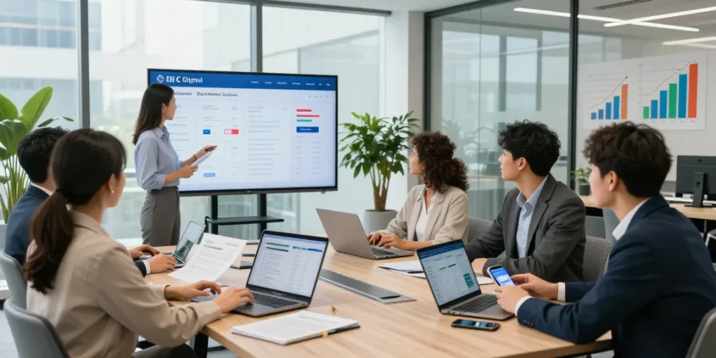 CIBC Digital Business team collaborating in an innovative banking environment, showcasing modern finance solutions.