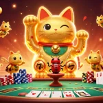 QQWIN4D menghadirkan ilustrasi perjudian dengan kucing beruntung dan elemen kasino yang memukau.