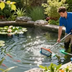 Pond Cleaning Essex: Professional cleaner scrubbing a backyard pond on a sunny day.