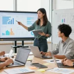 Digital Marketing Heroes team collaborating in a vibrant workspace with strategy presentations and analytics.