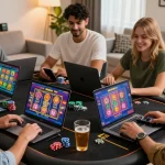 Group of friends enjoying new online casinos at home, showcasing gaming excitement.