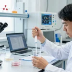 Researcher measuring SwissChems Peptides in a bright laboratory setting with scientific equipment.
