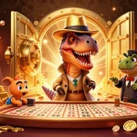 Engage in exciting lottery with harga toto amidst a dynamic scene featuring clever characters and gold