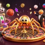 Engage with slot gacor excitement while betting alongside a golden spider and centipede in a vibrant casino scene.