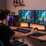 Gamer adjusting their Adjustable Gaming Desk in a stylish gaming setup with dual monitors and RGB accents.