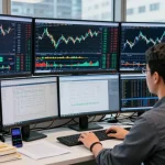 Trader using MetaTrader 5 on multiple screens in a modern office analyzing financial markets.