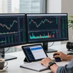 Trader using mt5 on dual monitors with financial charts and market news