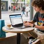 Individual reviewing the Kakobuy spreadsheet in a trendy café, showcasing a stylish urban lifestyle with shopping bags.