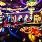 Aksi taruhan situs toto dengan pemain di meja roulette dan mesin slot berwarna-warni.
