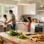 شراء مطابخ مستعملة بالرياض - Family joyfully transforming a kitchen with used components in a bright, inviting home.