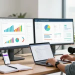 SEO backlinks analysis in a professional digital marketing workspace with dual monitors and analytics data.