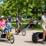 People riding tricycles in a sunny park, showcasing adult and kids trikes.