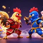 Engage in thrilling play at a credit card casino with cartoon fighting roosters amidst vibrant game elements.