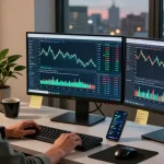 MetaTrader 4 trading setup with multiple screens showing forex charts and data in a modern workstation.