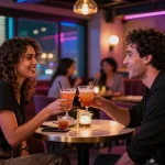 Adults enjoying vibrant nightlife in a bar, engaging in playful conversation highlighting سكس زنوج theme.
