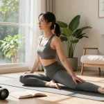 Emphasizing health, woman practicing yoga in a serene environment.