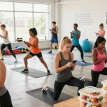 Best macro tracker apps in use by diverse individuals in a bright fitness studio, highlighting nutrition and exercise.