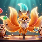 Engage with bhma's vibrant casino scene featuring a glowing nine-tailed fox and crypto elements.
